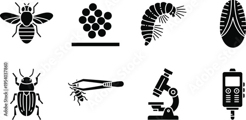 Entomology Laboratory Research and Insect Life Cycle Icon Set for Biological Science, Pest Control Analysis, Microscopy Studies, Larvae Development, and Biotech Education - Scalable EPS Vector