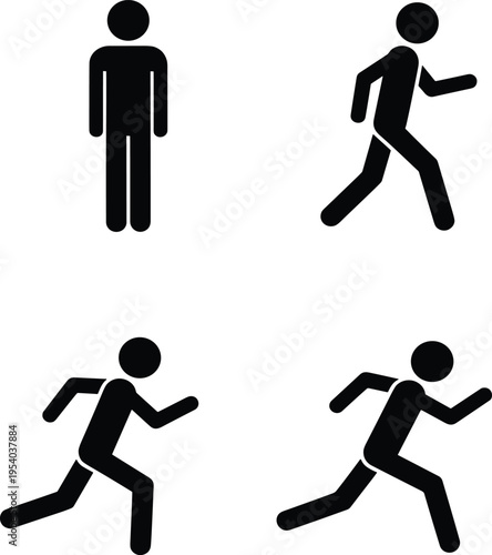 Human stick figure icons showing standing and running poses, simple black silhouette symbols for motion, activity, and user interface design isolated on white