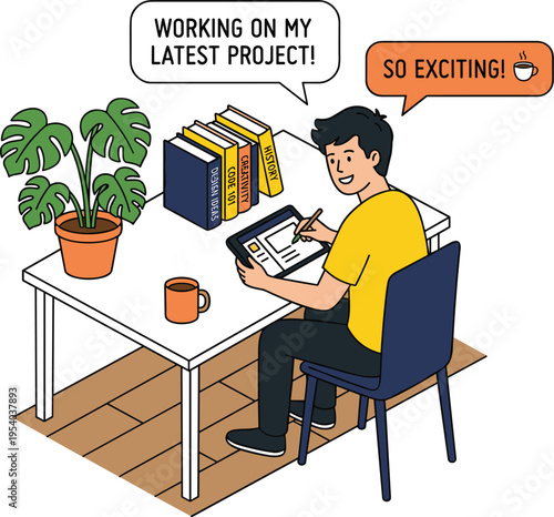 Freelance graphic designer working on digital tablet at home office desk with books plant and coffee vector,.eps