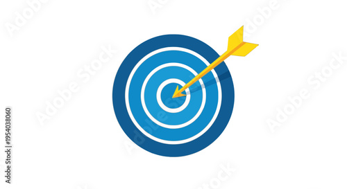 A blue target with a yellow arrow hitting the bullseye isolated on transparent background, Vector