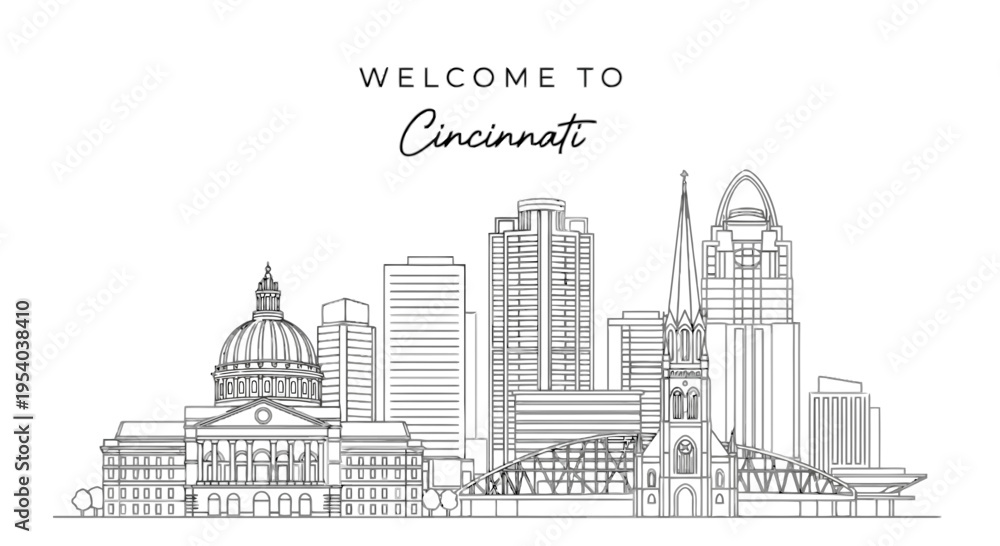Fototapeta premium Cincinnati city skyline with famous buildings isolated on transparent background, Vector