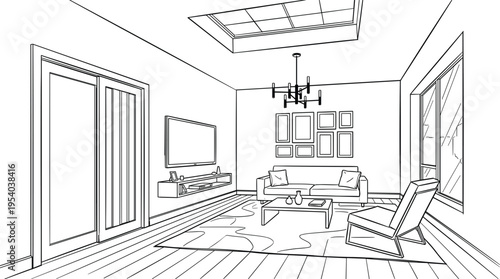 Modern living room interior perspective line drawing vector featuring sofa coffee table television and large skylight window,.eps