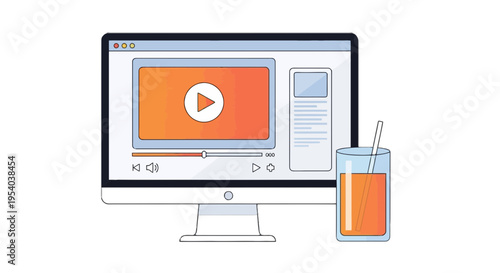 Computer monitor with video player on screen and glass of juice isolated on transparent background, Vector