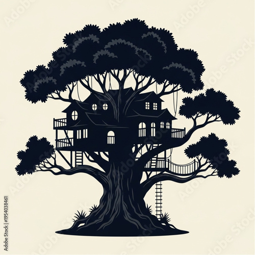 Treehouse nestled in a large tree.