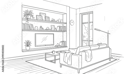 Modern interior design line drawing vector of cozy living room with built in bookshelves television and sofa,.eps