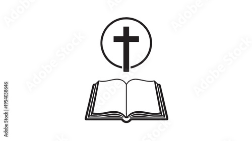 A minimalist black and white graphic icon featuring an open bible with a cross inside a circle