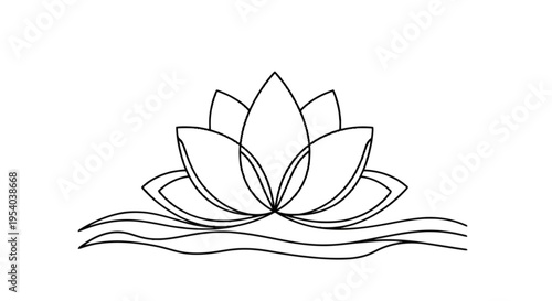 A black line drawing of a lotus flower isolated on transparent background, Vector