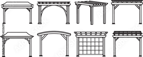 Various architectural designs of pergolas and gazebos showcased in a line drawing Vector