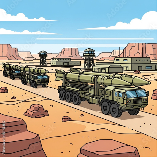 Military Vehicles with Missiles in Desert.