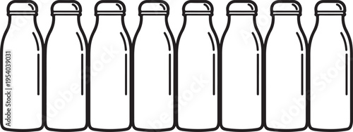 Seven empty milk bottles standing in a row on a white background Vector
