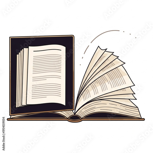 Open book with pages turning illustration.
