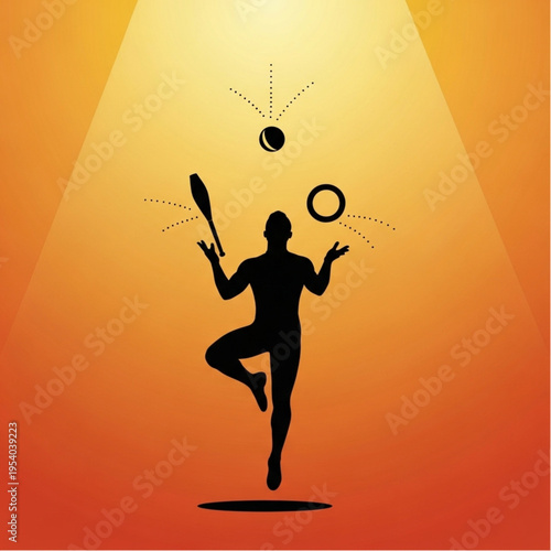 Silhouette of Juggler Performing with Clubs and Balls.