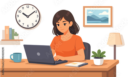 A young businesswoman sitting at an office desk works on her laptop computer with a coffee, showcasing a professional lifestyle of online communication and modern technology