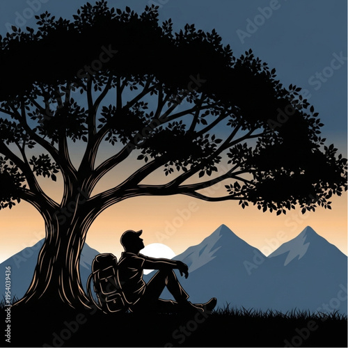 Silhouette of Man Resting Under Tree.