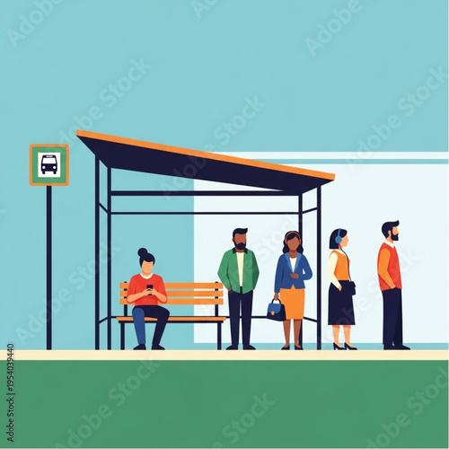 People Waiting at Bus Stop Shelter.
