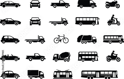 Large collection of black transport silhouettes featuring cars trucks buses motorcycles bicycles and heavy industrial vehicles for city traffic logistics and urban navigation design.