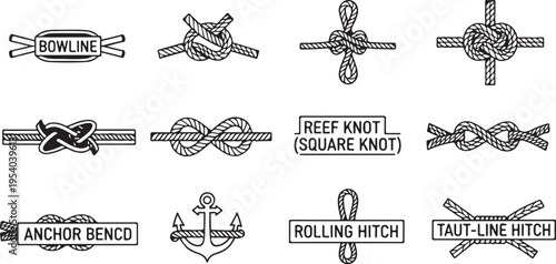 A collection of various types of knots used in sailing and maritime activities Vector