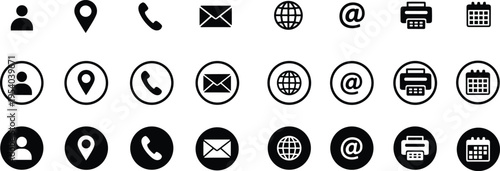 Minimalist black contact icons set featuring phone email location globe calendar and user symbols in flat circle and line styles for business card design
