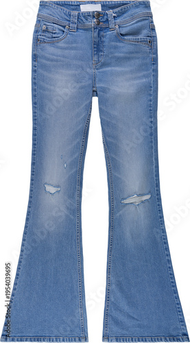 фотографія Stylish Blue Denim Flare Jeans with Distressed Knees isolated on transparent bac