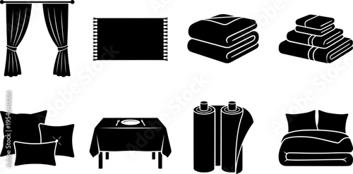 Home textiles icon set – outline style for interior design and living space decor: curtains, carpet, towel, blanket, pillows, tablecloth
