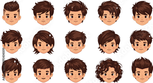 Kids boys hairstyle avatar collection with various short curly and trendy haircuts cute cartoon character vector illustration set