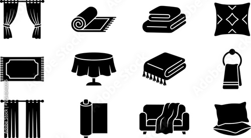 Home textiles icon set – outline style for interior design and living space decor: curtains, carpet, towel, blanket, pillows, tablecloth
