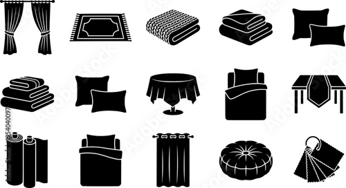 Home textiles icon set – outline style for interior design and living space decor: curtains, carpet, towel, blanket, pillows, tablecloth
