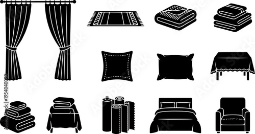Home textiles icon set – outline style for interior design and living space decor: curtains, carpet, towel, blanket, pillows, tablecloth
