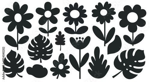 A diverse collection of various leaf shapes and patterns in black and white
