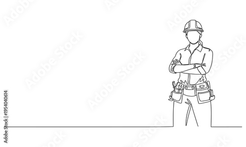 Continuous one line drawing of young handy woman pose cross arms on chest before going to work. Single line draw design vector graphic illustration