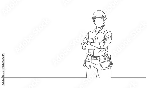 Continuous one line drawing of young handy woman pose cross arms on chest before going to work. Single line draw design vector graphic illustration