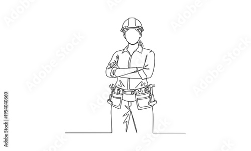 Continuous one line drawing of young handy woman pose cross arms on chest before going to work. Single line draw design vector graphic illustration
