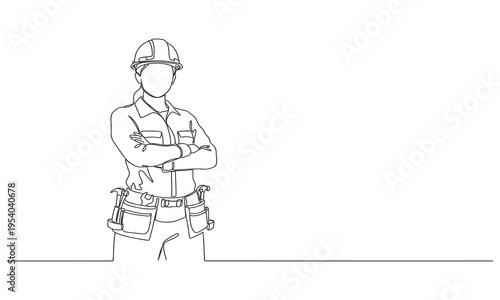 Continuous one line drawing of young handy woman pose cross arms on chest before going to work. Single line draw design vector graphic illustration