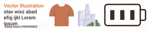 Fashion, urban living, energy, sustainability, work-life balance, modern design. A t-shirt, a city skyline and a battery icon. Urban living and energy concepts visually