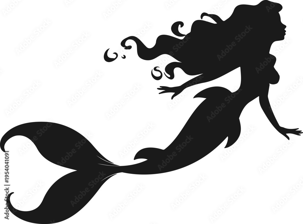 Obraz premium Dynamic Swimming Mermaid Silhouette: Black Vector Sea Siren in Motion with Flowing Hair and Tail for Travel, Adventure, and Marine Life Design