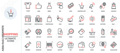 Vector illustration ored black thin line icons set for business internet technology for commerce, discount gifts, price tag payment in retail store, basket cart with food, mobile app interface symbols