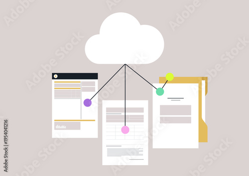 In a modern workspace, three connected files float beneath a cloud icon, symbolizing the easy sharing and collaboration offered by cloud storage solutions.
