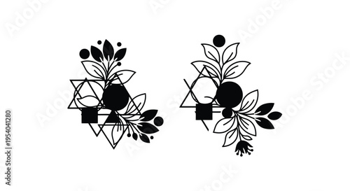 A pair of elegant black and white floral arrangements with geometric shapes