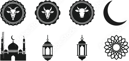 A collection of Islamic symbols and emblems including mosques, lanterns, and animal sacrifice motifs.
