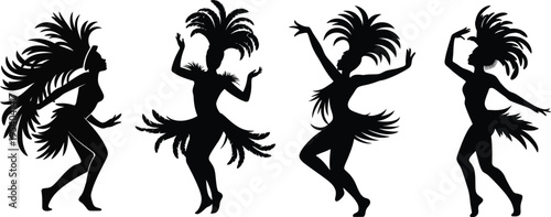 Carnival Dancer Silhouette Feather Costume Collection Vector Set