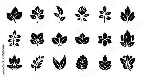 Assorted collection of various flower and plant icons in black and white
