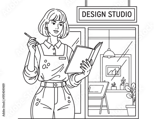 Woman designer standing in front of design studio with clipboard and pencil featuring drawing, illustration, architecture with creative and workspace