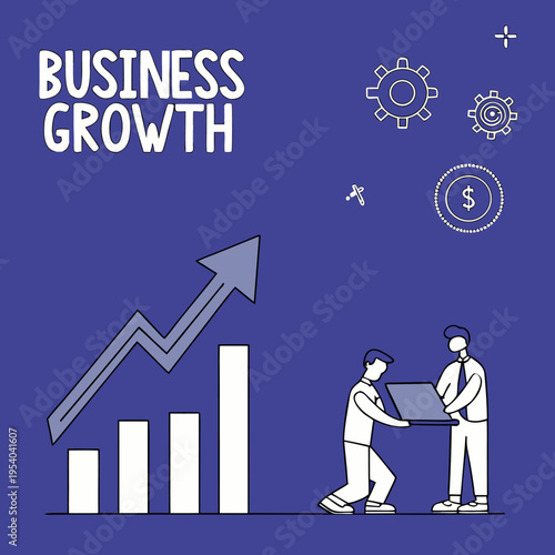 A vector graphic illustration of two businessmen working together to achieve business growth with a rising bar chart and arrow