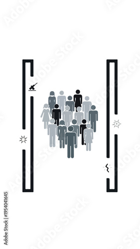 A crowd of diverse people trying to stop a war, depicted in a minimalist graphic illustration with gray and black silhouettes framed by vertical bars on a white background