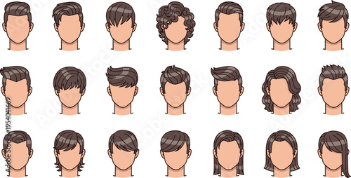 Men hairstyle avatar collection vector set with various short medium and long haircuts modern male fashion character illustration