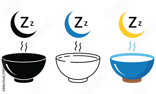 Vector graphic illustration of three steaming bowls of food at night with crescent moon and zzz sleep symbol