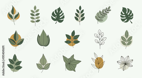 Assorted green leaf illustrations showcasing various plant species and leaf shapes