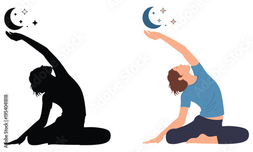 Vector illustration of a woman performing yoga poses under the moonlight with stars