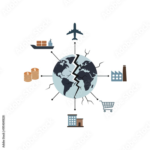 Flat lay illustration of a fractured globe with various international shipping icons around it, conveying a sense of global disruption and stop war