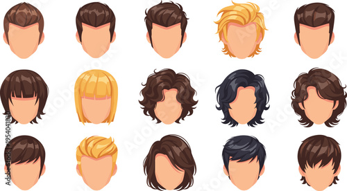Men hairstyle collection vector set with various haircuts including short long curly and layered styles modern male fashion avatar illustration